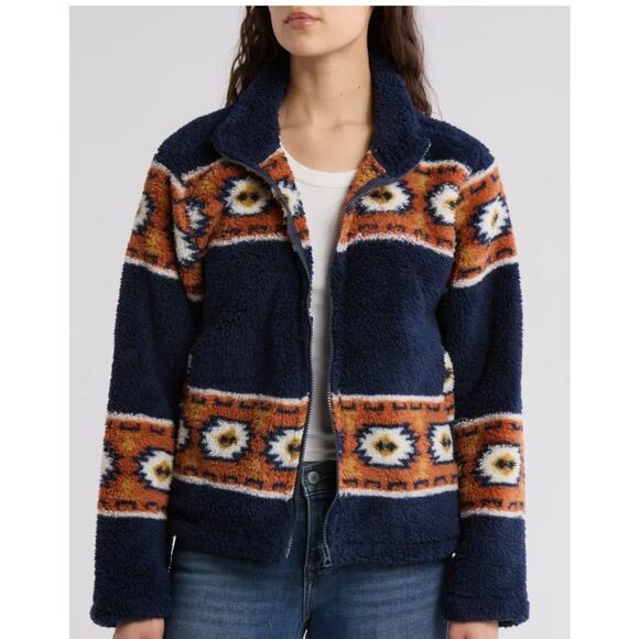 Lucky Brand Western Geo Print Full Zipper Fleece Jacket Navy Blue Brown Large - Picture 1 of 10